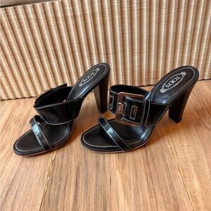 Tod's Black Patent Leather Buckle Slide Mules
